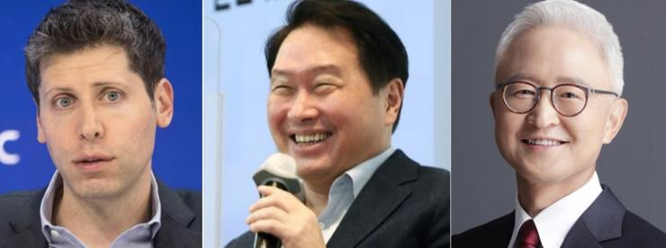 Từ trái sang: Giám đốc điều hành OpenAI Sam Altman, Chủ tịch Tập đoàn SK Chey Tae-won và Chủ tịch Samsung Electronics Kyung Kye-hyun. Ảnh: Yonhap